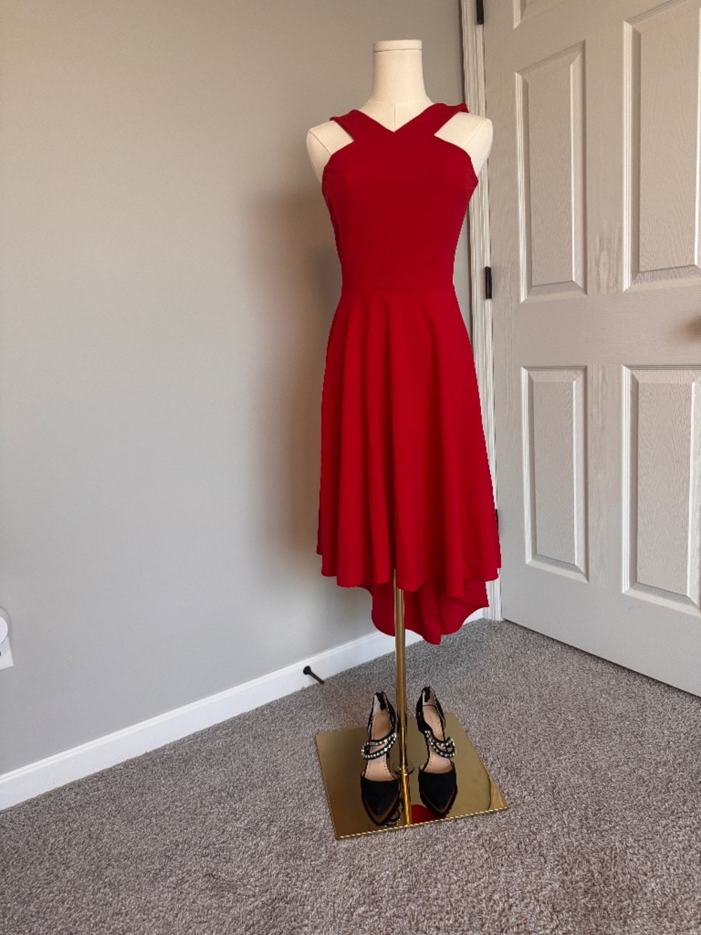 QUIZ Red Scuba High Neck Fit & Flare High Low Occasion Dress Size 4 NWT